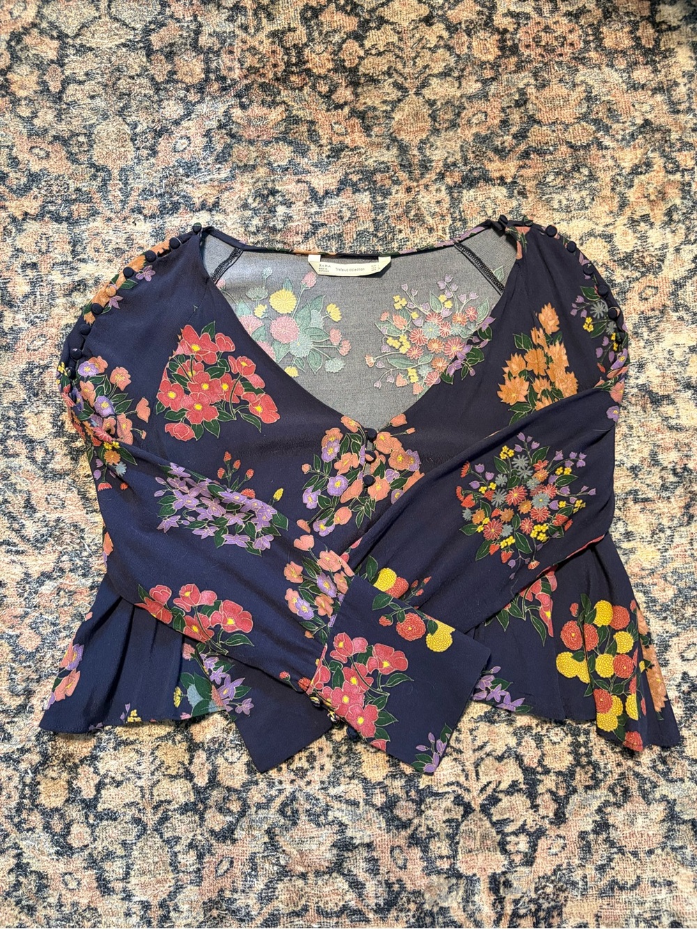 Zara Navy Floral Blouse with Button-Trim Sleeves